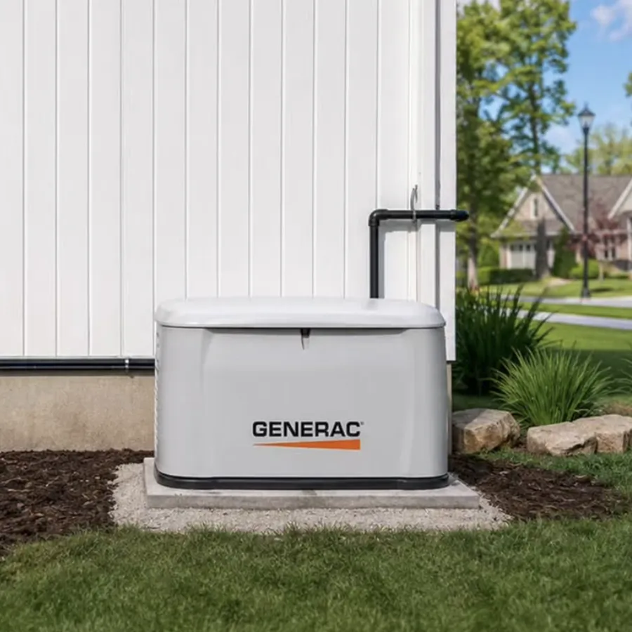 A Generac air-cooled home standby generator on a pad beside a house